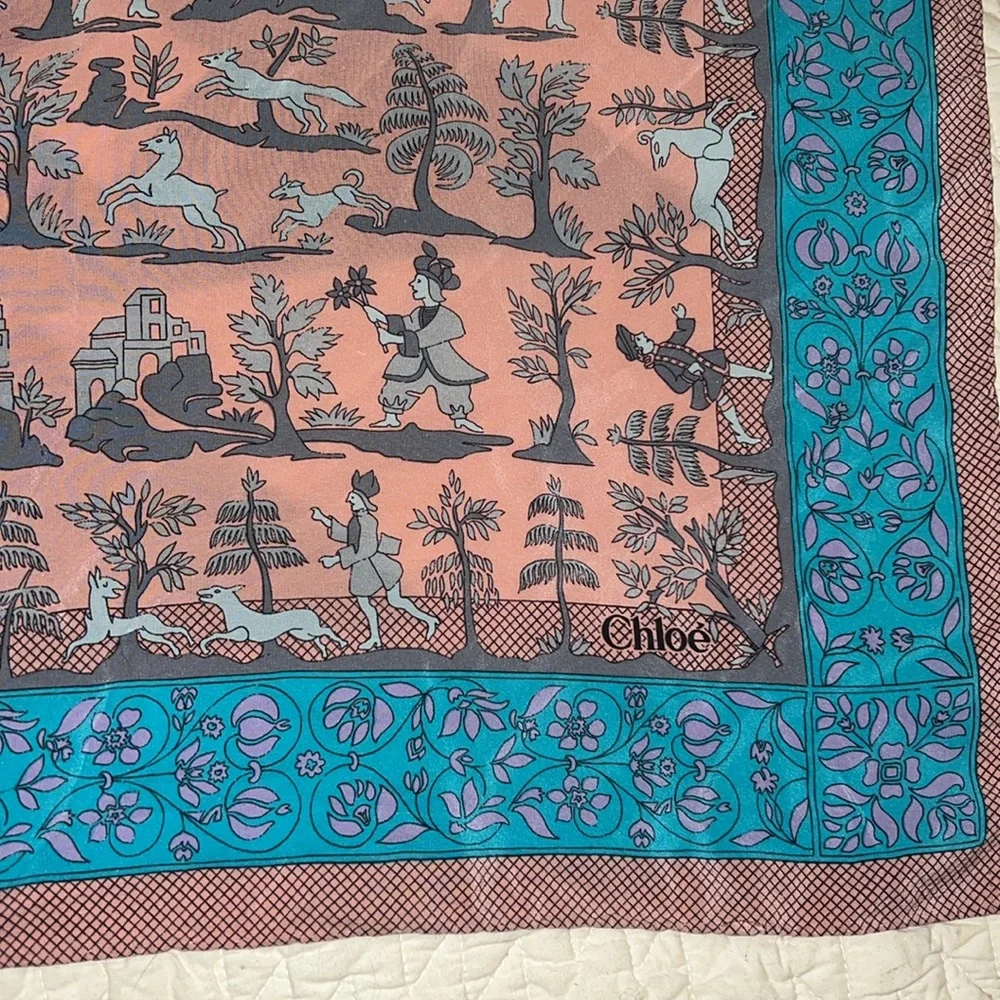 Vintage Chloe Square Silk Scarf  32” pink & turquoise